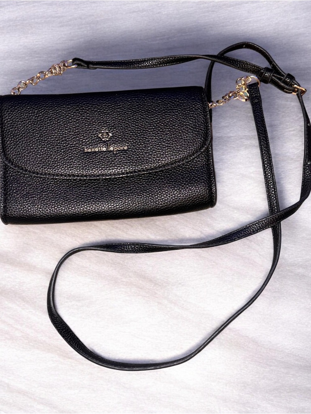 Nanette Lepore Black Pebbled Leather Chain-Accent Crossbody